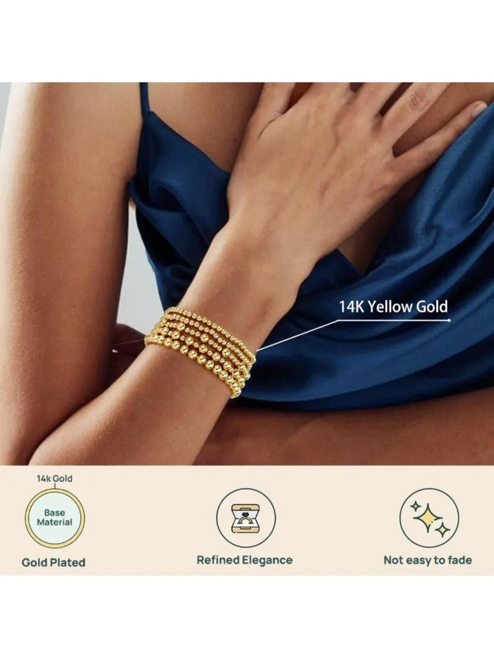 Waterproof Gold Beaded Bracelets for Women, Adjustable Stackable Jewelry Set